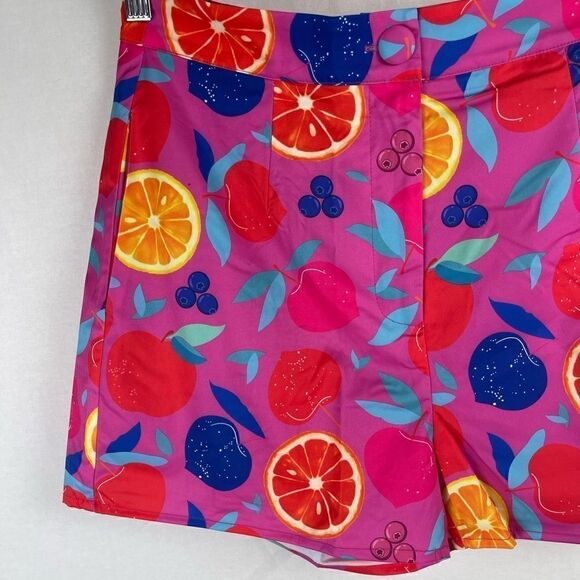 Fruit print high waisted hot shorts with side pockets pink - Picture 10 of 11
